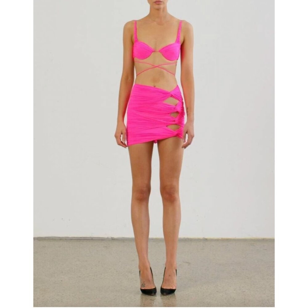 $800 Alex Perry Kort Hot Pink Cut-Out Ruched Mini Skirt size 10